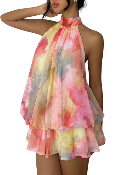 Women's Chiffon Halter Drop Waist Mini Dress Wedding Guest Dresses Ruffle Formal Club Holiday Brunch Outfits