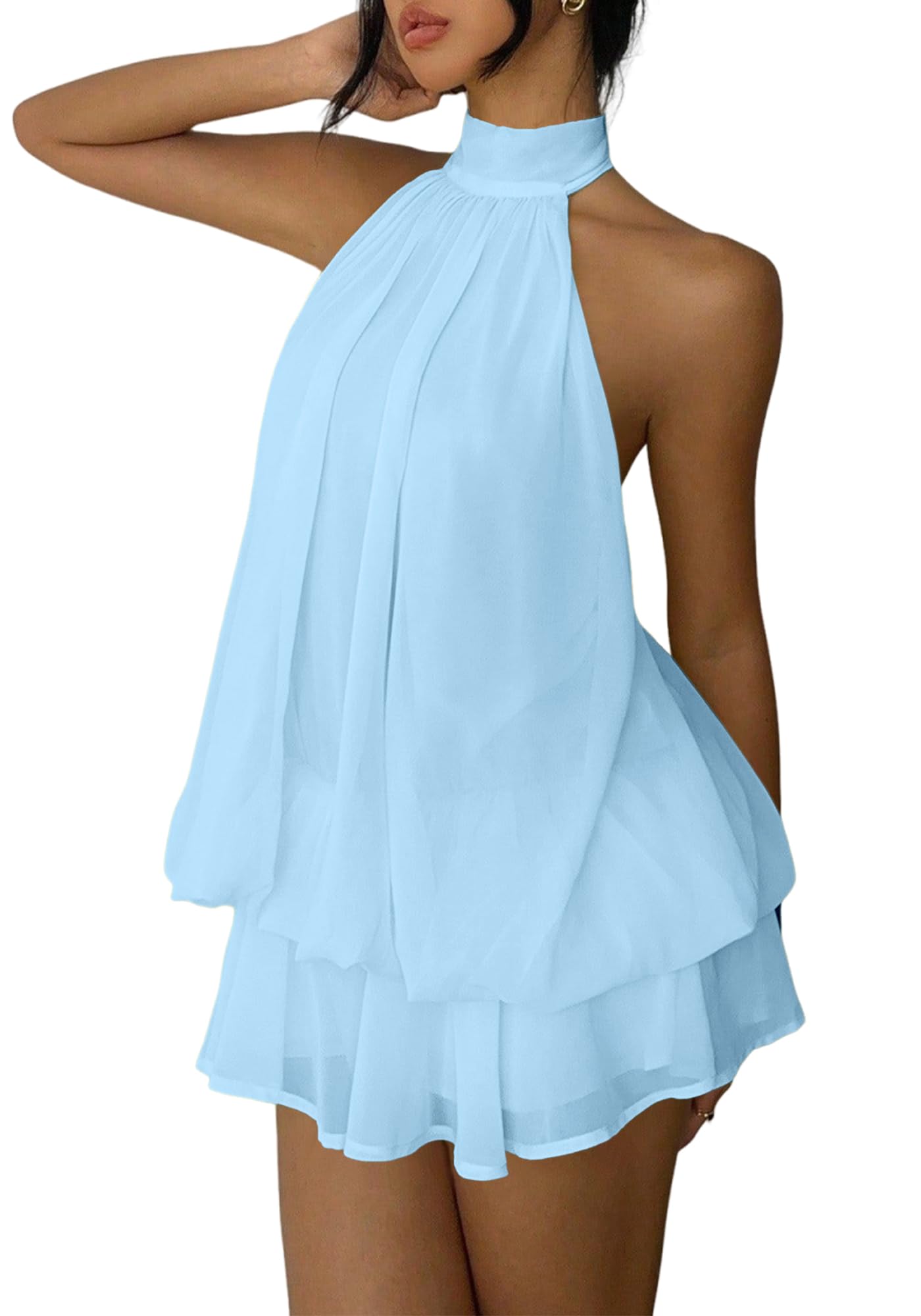 Women's Chiffon Halter Drop Waist Mini Dress Wedding Guest Dresses Ruffle Formal Club Holiday Brunch Outfits
