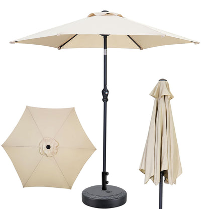 GDY 7.5ft Tassel Patio Umbrella and Matching Base, Outdoor Table Umbrella with 18 LED Lights,Market Umbrella with 6 Sturdy Ribs, with Push Button Tilt and Crank, Bright White