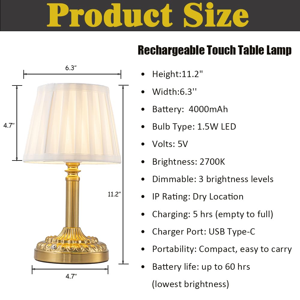 Cordless Table Lamp with Touch Control, Small LED Bedside Lamp with Pleated Shade, 3 Brightness Levels Nightstand Lamp for Bedroom, Living Room & Dorm Room