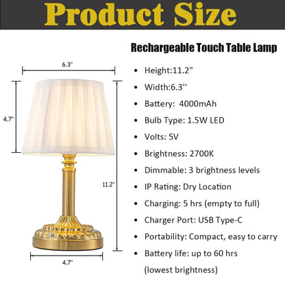 Cordless Table Lamp with Touch Control, Small LED Bedside Lamp with Pleated Shade, 3 Brightness Levels Nightstand Lamp for Bedroom, Living Room & Dorm Room