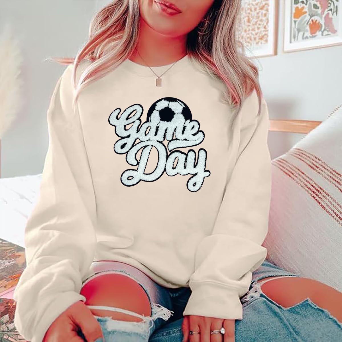 Game Day Soccer Sweatshirt Women Soccer Season Chenille Patch Pullover Top Causal Long Sleeve Football Top