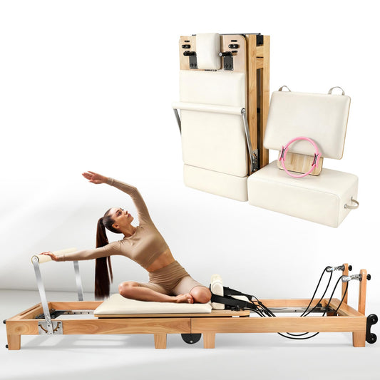 Pilates Reformer Machine, Foldable Oak Wood Pilates Reformer, Studio-Grade Pilates Equipment, 5-Spring Resistance Pilates Trainer, Home Gym Pilates Machine, Full Body Workout Pilates Reformer