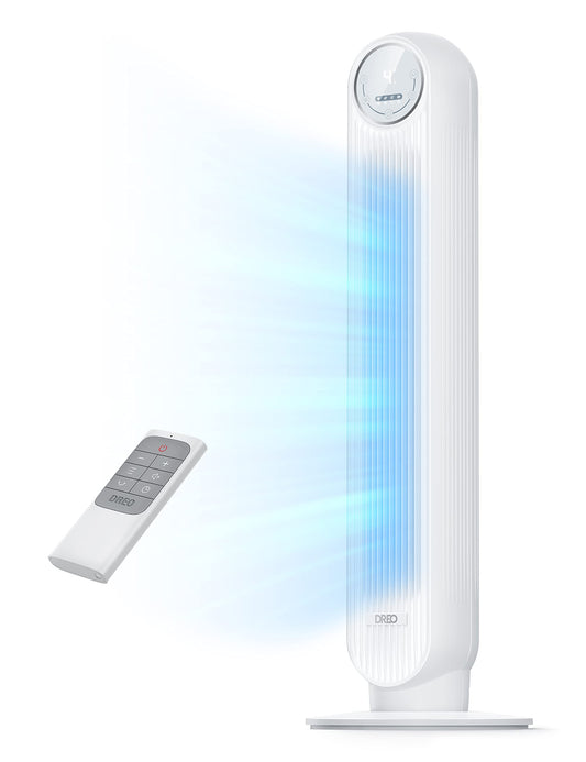 DREO Tower Fan for Bedroom, 2026 Upgraded DC Motor, 28ft/s High Velocity, 20dB Ultra Quiet Standing Fan, 8 Speeds 4 Modes, 90° Oscillating Bladeless Fan for Indoors, Floor Fans with Remote, Black