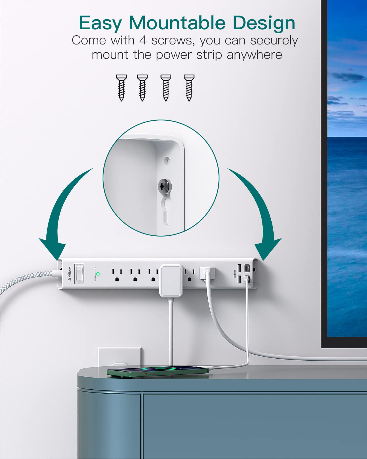 Addtam Power Strip Surge Protector - 15ft Long Extension Cord