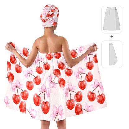 Strawberry Print Bath Wrap and Hair Drying Towel Set – Microfiber Quick Dry Shower Body Wrap for Women, Absorbent Spa Skirt with Elastic Band and Cute Bow Design (Strawberry 1)