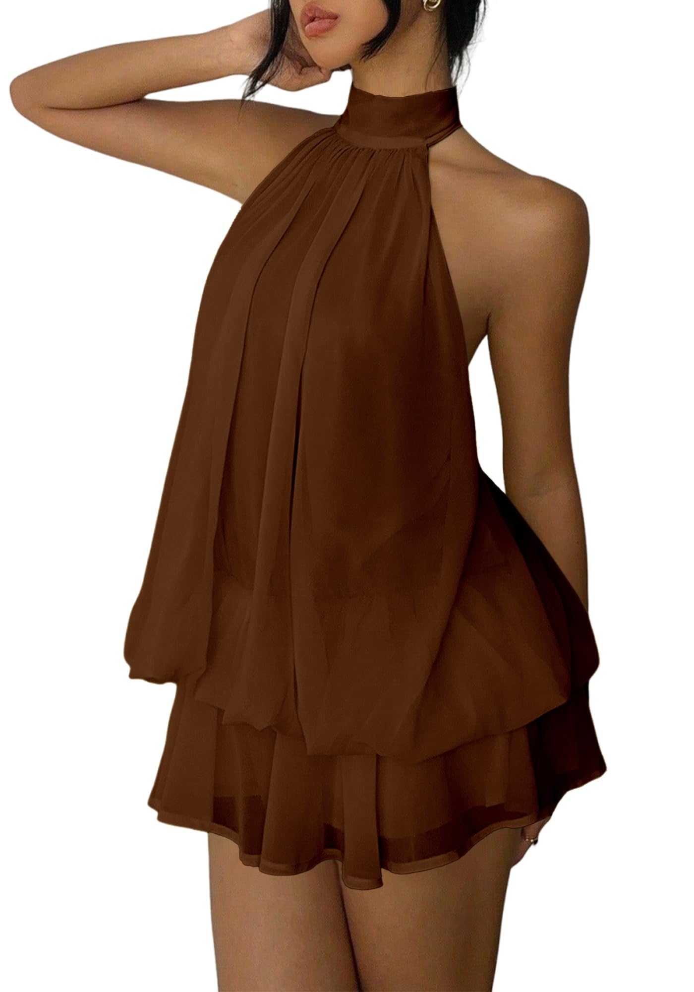 Women's Chiffon Halter Drop Waist Mini Dress Wedding Guest Dresses Ruffle Formal Club Holiday Brunch Outfits