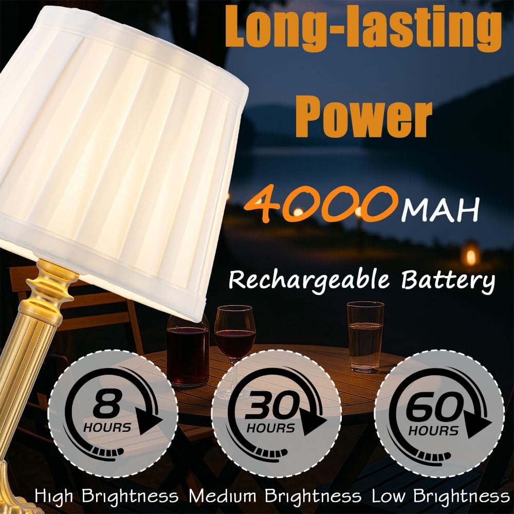 Cordless Table Lamp with Touch Control, Small LED Bedside Lamp with Pleated Shade, 3 Brightness Levels Nightstand Lamp for Bedroom, Living Room & Dorm Room