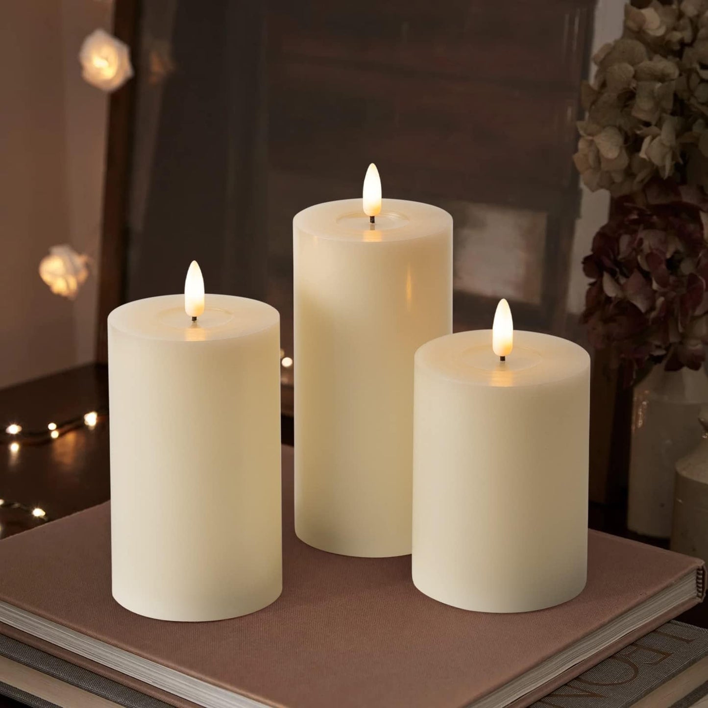 ANGELLOONG Gold Candles for Bathroom Decor, Glass Flameless Candles with Remote, Battery Operated LED Pillar Fake Candles with Timer for Christmas Home Fireplace Mantle Fall Decor