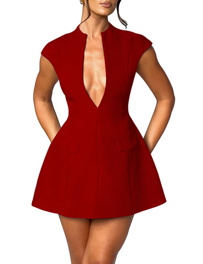 LuFeng Women's Sexy Cap Sleeve Deep V Neck Zipper A-line Mini Dress