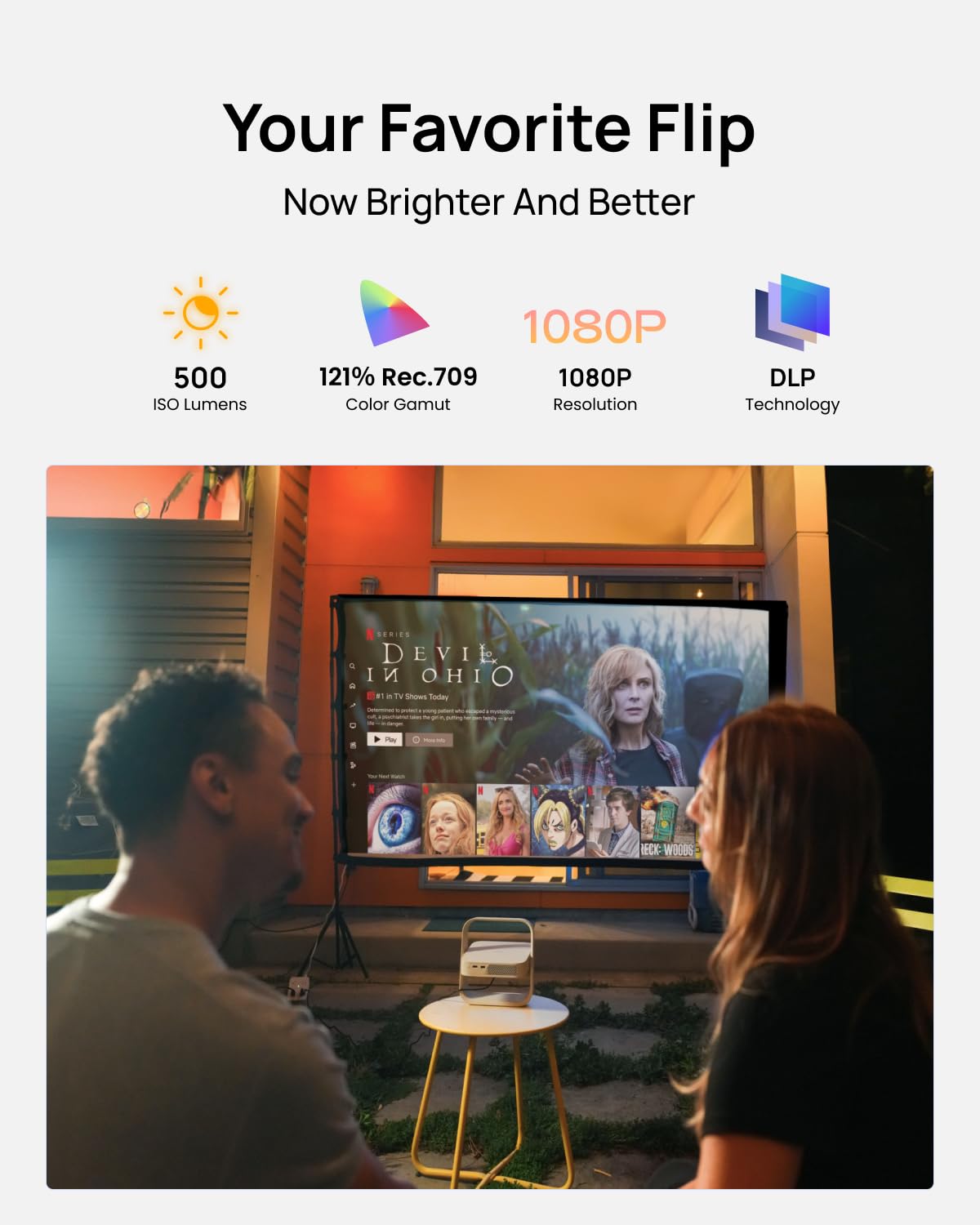 XGIMI Elfin Flip Plus Portable Projector, Google TV with Licensed Netflix, 500 ISO Lumens, 1080P Resolution Home Projector, Build-in Adjustable Stand, Lightweight and Compact Design, Screen Adaption