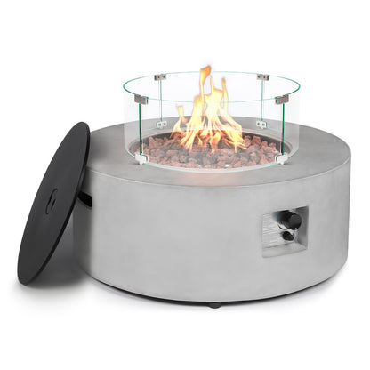31.5 Inch Round Propane Fire Pit Table - Concrete Round Fire Bowl 50,000 BTU Natural Gas Firepit Burner with Steel Lid, Lava Rocks, Waterproof Cover for Outside Patio, Backyard, Party