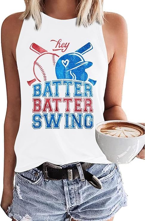 MHTOR Baseball O-Neck Tank Women Print Baseball Tanks Cute Workout Graphic Casual Summer Sleeveless Vest Top