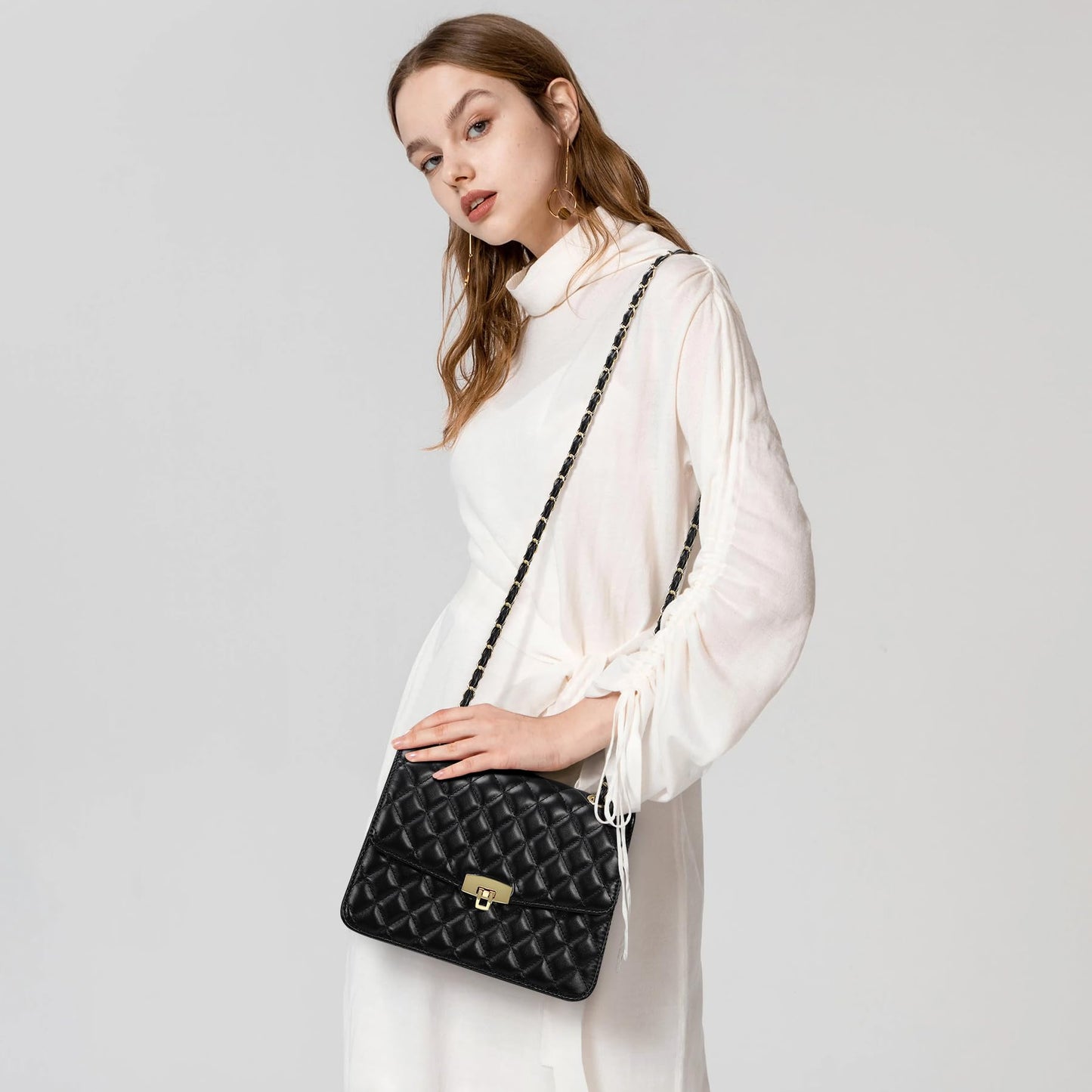 Quilted Leather Crossbody Bags for Women Trendy Ladies Shoulder Purse Satchel HandBag with Chain Strap