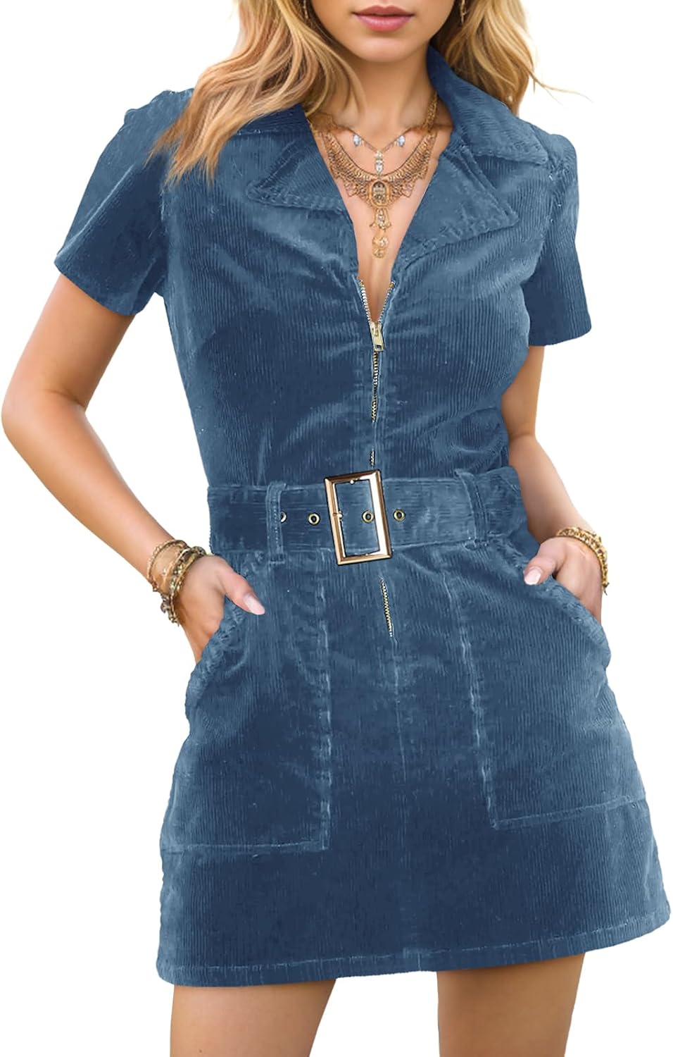Doshoop Women's Corduroy Mini Dress Short Sleeve Cowboy Dresses