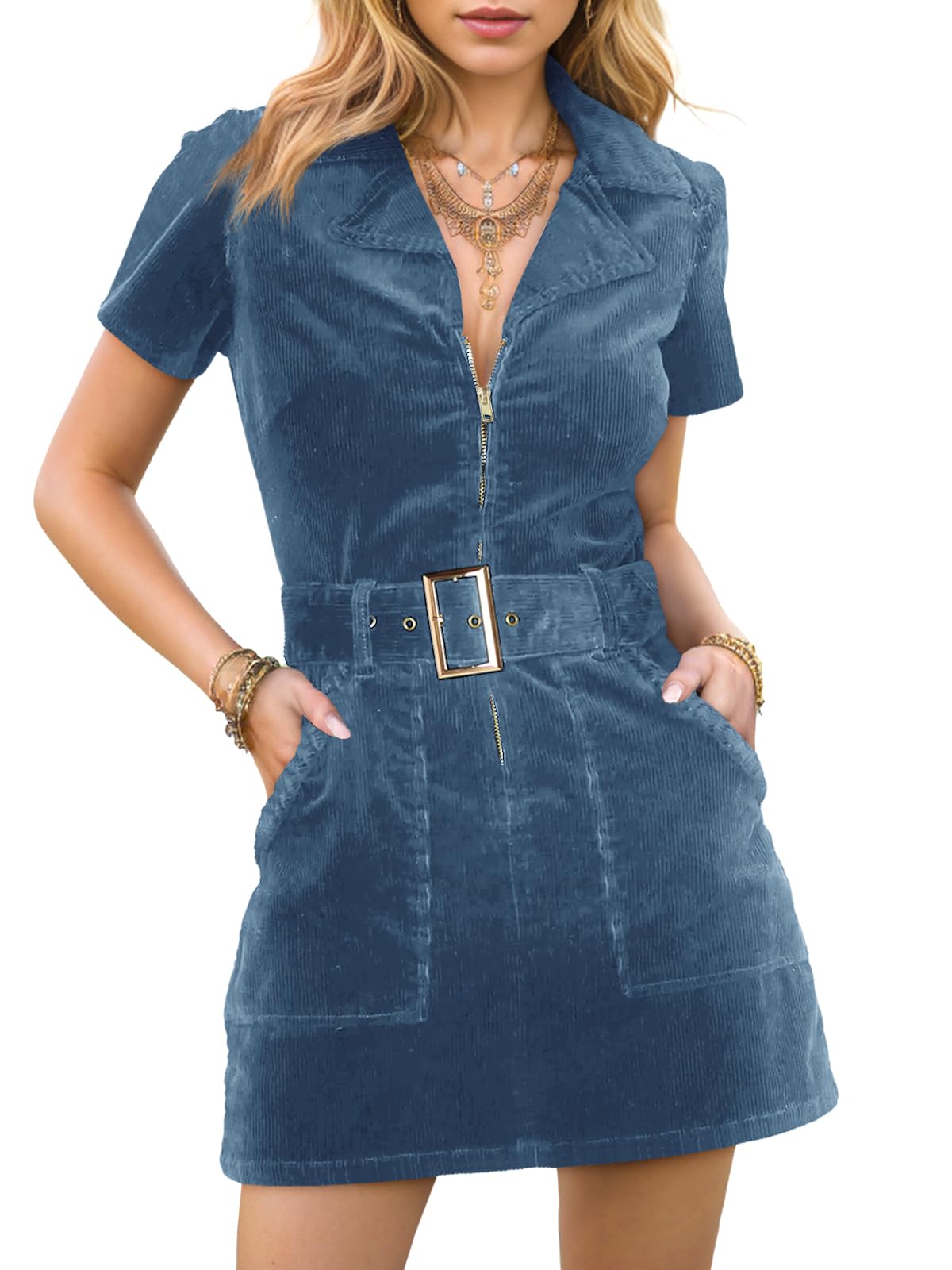 Doshoop Women's Corduroy Mini Dress Short Sleeve Cowboy Dresses