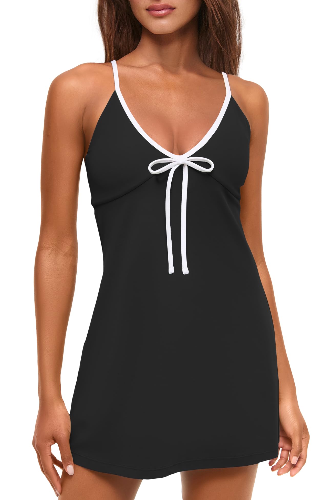 Yanekop Womens Tennis Dress with Built in Shorts Spaghetti Strap Dresses | Athletic Dress with Shorts, Comfy Soft Golf Dress, V Neck Sleeveless, Casual Workout Active Outfits