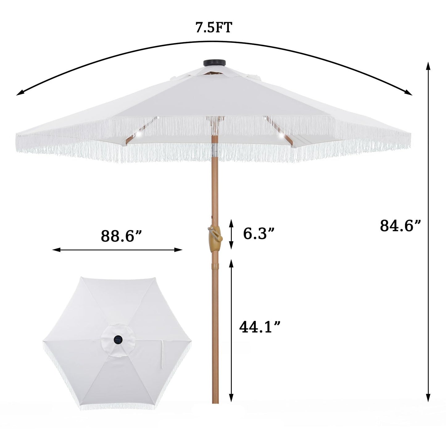 GDY 7.5ft Tassel Patio Umbrella and Matching Base, Outdoor Table Umbrella with 18 LED Lights,Market Umbrella with 6 Sturdy Ribs, with Push Button Tilt and Crank, Bright White