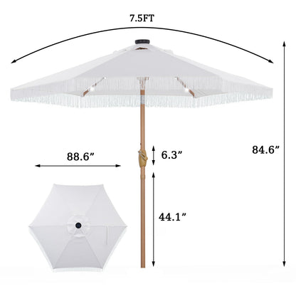 GDY 7.5ft Tassel Patio Umbrella and Matching Base, Outdoor Table Umbrella with 18 LED Lights,Market Umbrella with 6 Sturdy Ribs, with Push Button Tilt and Crank, Bright White