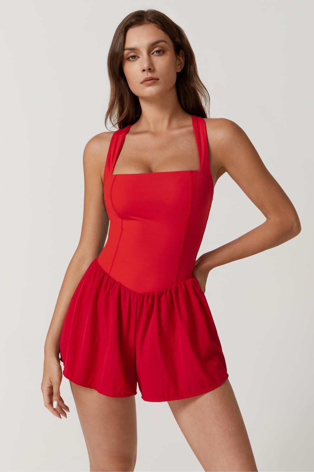 QINSEN Women's Square Neck Sleeveless Romper Jumpsuit