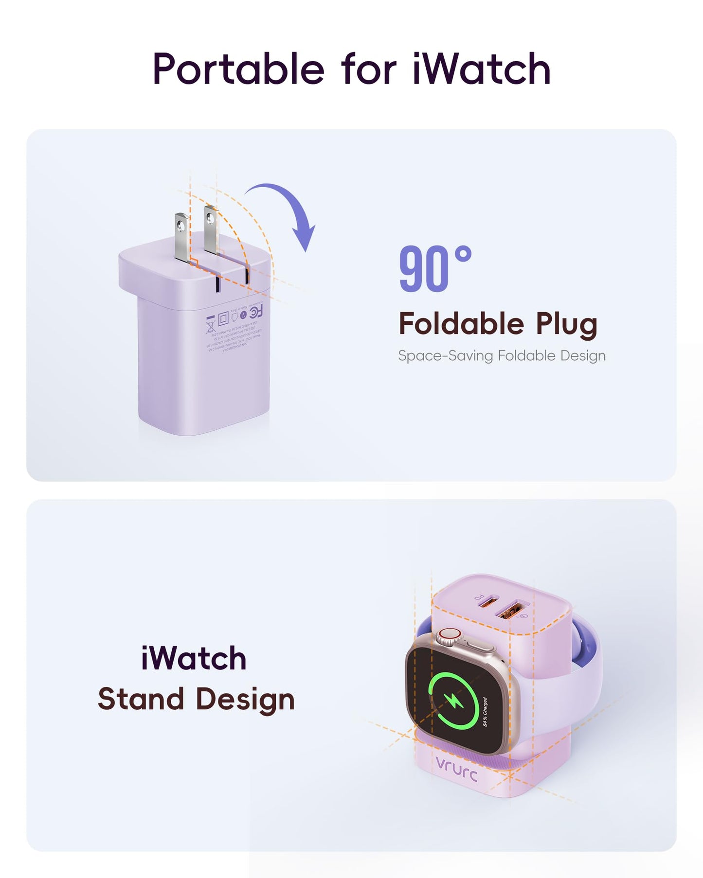 VRURC Fast Charger for Apple Watch, Built-in Wireless Magnetic Charging Station for iWatch SE/11/10/9/8/7/6/5/4, PD 20W USB C Charging Block, Foldable Wall Charger for iPhone 17/16/15/14/13-White