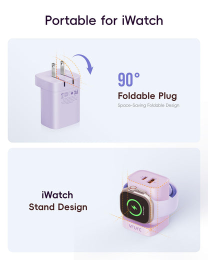 VRURC Fast Charger for Apple Watch, Built-in Wireless Magnetic Charging Station for iWatch SE/11/10/9/8/7/6/5/4, PD 20W USB C Charging Block, Foldable Wall Charger for iPhone 17/16/15/14/13-White