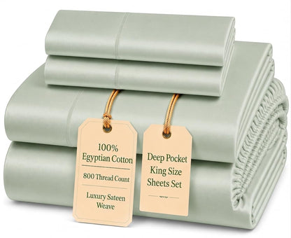 100% Egyptian Cotton Sheets King Size Sheets Set with Fully Elasticated 15" Deep Fitted Sheet & Pillowcase Sets, 800TC Sateen Weave Hotel Collection King Sheet Set, Soft Luxury White Bedding