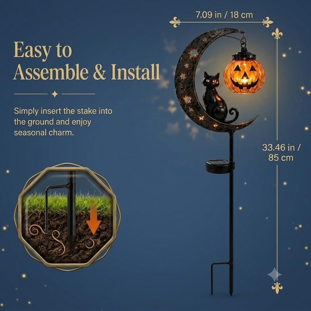 Solar Halloween Black Cat & Pumpkin Moon Garden Stake Light, Waterproof Solar Black Cat on Crescent Moon with Hanging Pumpkin Lantern, Outdoor Halloween Yard Decor for Garden, Patio, Lawn, Pathway