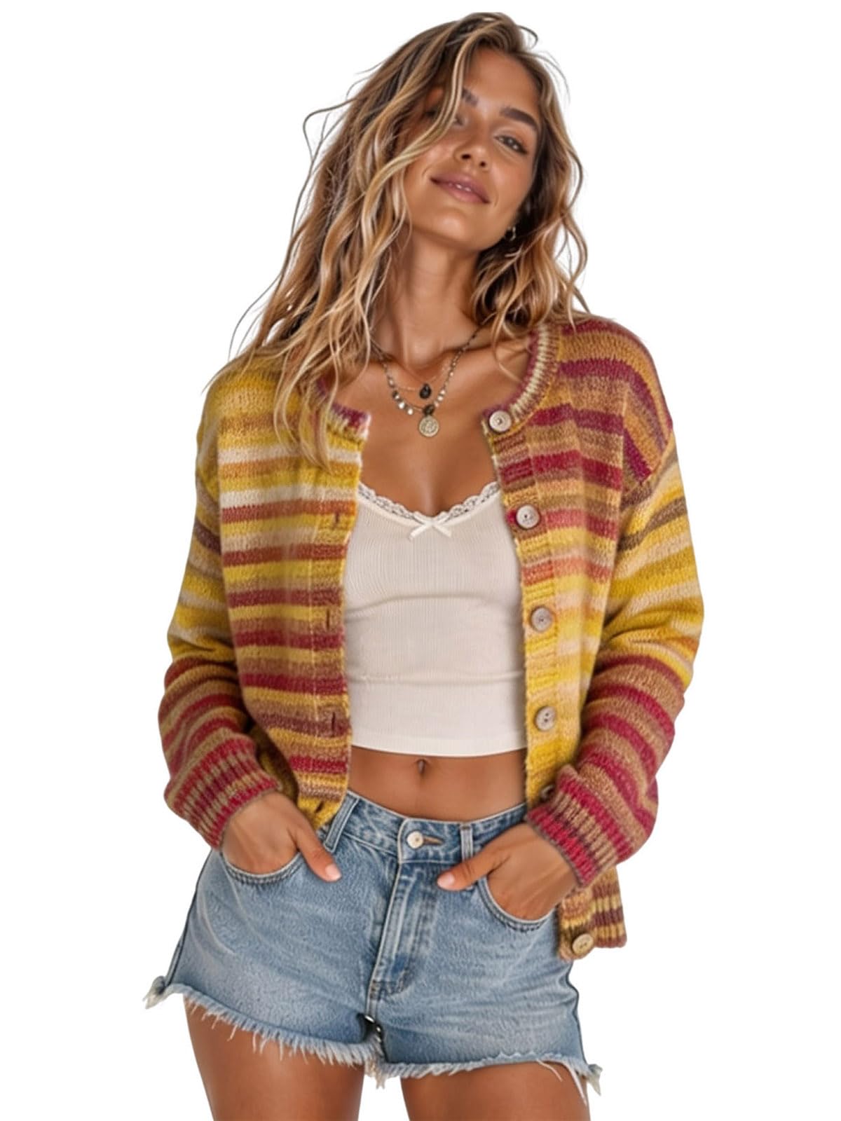 utcoco Women's Cute Rainbow Striped Button Down Knit Cardigan Sweaters