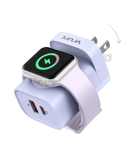 VRURC Fast Charger for Apple Watch, Built-in Wireless Magnetic Charging Station for iWatch SE/11/10/9/8/7/6/5/4, PD 20W USB C Charging Block, Foldable Wall Charger for iPhone 17/16/15/14/13-White