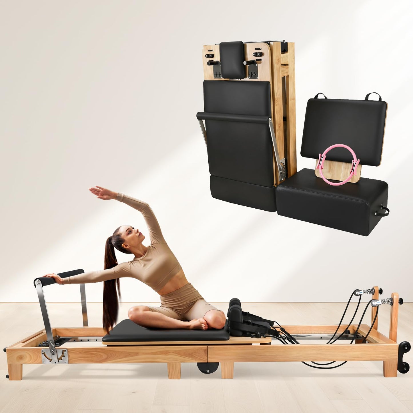 Pilates Reformer Machine, Foldable Oak Wood Pilates Reformer, Studio-Grade Pilates Equipment, 5-Spring Resistance Pilates Trainer, Home Gym Pilates Machine, Full Body Workout Pilates Reformer