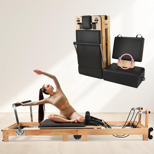 Pilates Reformer Machine, Foldable Oak Wood Pilates Reformer, Studio-Grade Pilates Equipment, 5-Spring Resistance Pilates Trainer, Home Gym Pilates Machine, Full Body Workout Pilates Reformer