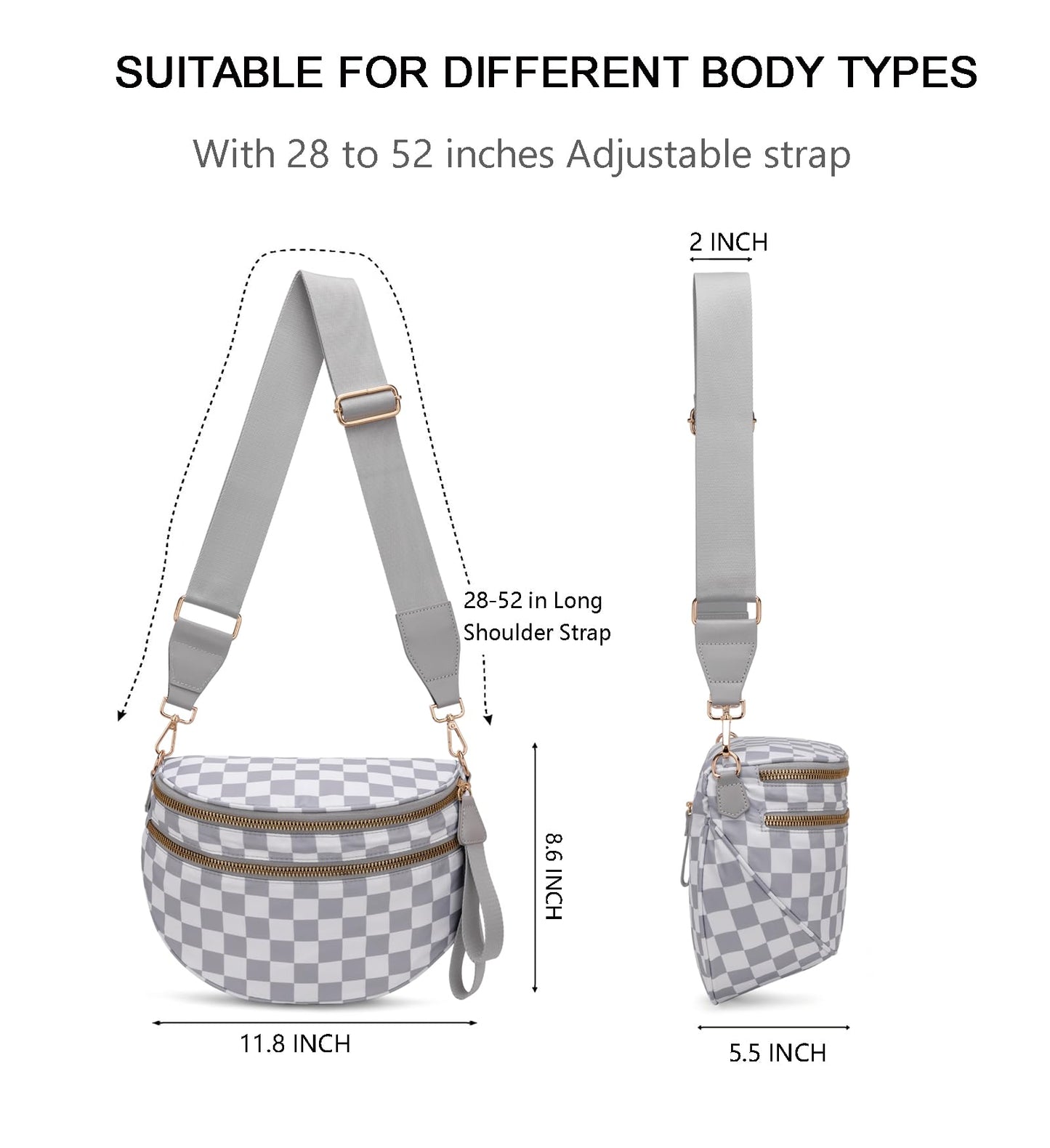 Pure Colour Crossbody Bum Bags for Women Spacious Checkered Cross body Bag Nylon Trendy Fanny Pack for Travel