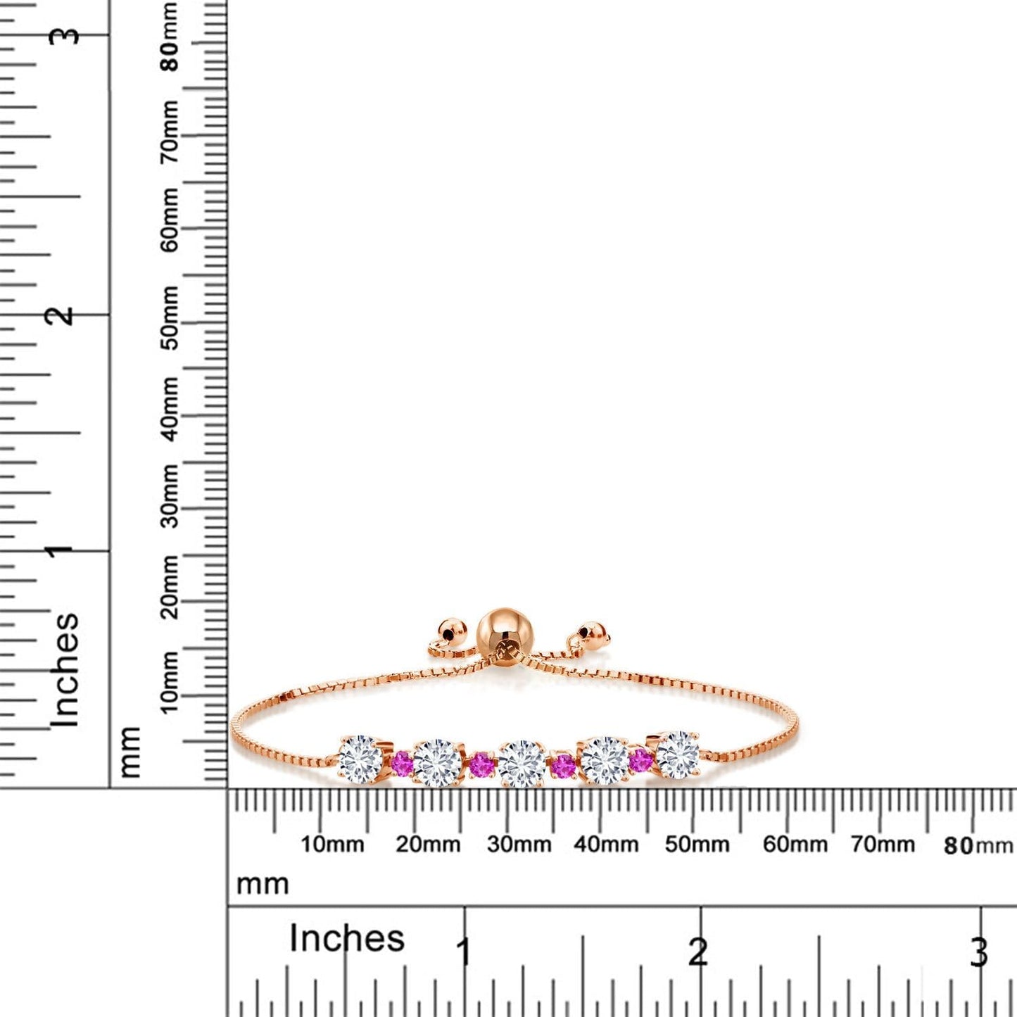 Gem Stone King Gemstone Birthstone and Pink Sapphire Tennis Bracelet 18K Rose Gold Plated Silver | Round 5MM and 2.5MM | Adjustable Bolo Design | Easy-On Easy-Off