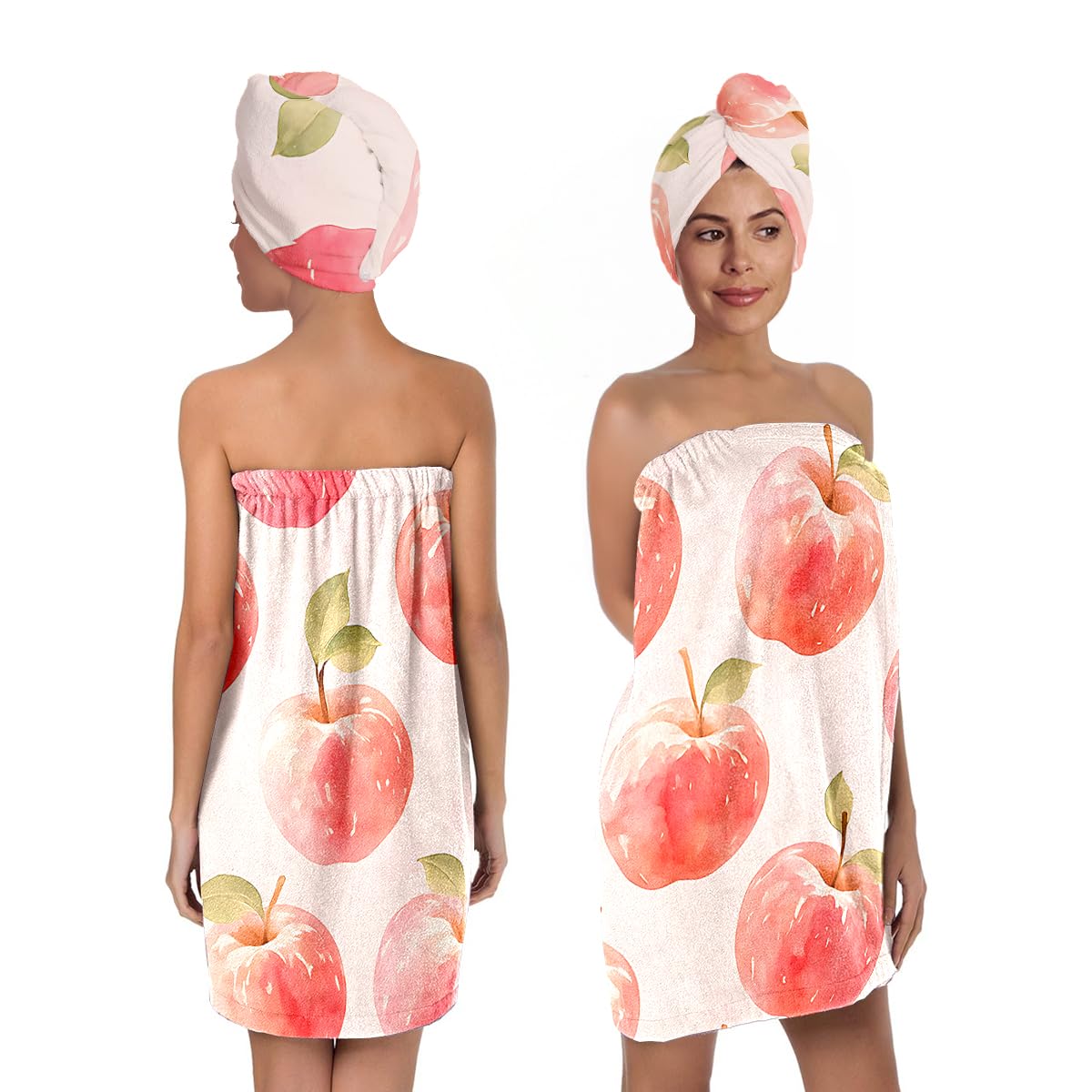 Strawberry Print Bath Wrap and Hair Drying Towel Set – Microfiber Quick Dry Shower Body Wrap for Women, Absorbent Spa Skirt with Elastic Band and Cute Bow Design (Strawberry 1)