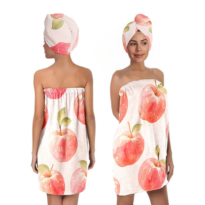 Strawberry Print Bath Wrap and Hair Drying Towel Set – Microfiber Quick Dry Shower Body Wrap for Women, Absorbent Spa Skirt with Elastic Band and Cute Bow Design (Strawberry 1)