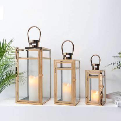 TRIROCKS Set of 3 Stainless Steel Candle Lantern 19/15/12'' High Metal Candle Holder with Tempered Glass Panels Perfect for Home Decor Living Room Parties Events Tabletop Indoors Outdoors (Rose Gold)
