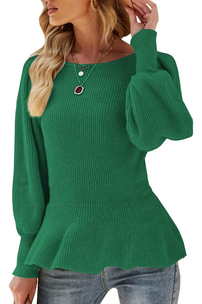 Womens Fall Puff Sleeve Peplum Casual Slim Fit Knit Pullover Sweater