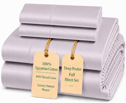 100% Egyptian Cotton Sheets King Size Sheets Set with Fully Elasticated 15" Deep Fitted Sheet & Pillowcase Sets, 800TC Sateen Weave Hotel Collection King Sheet Set, Soft Luxury White Bedding