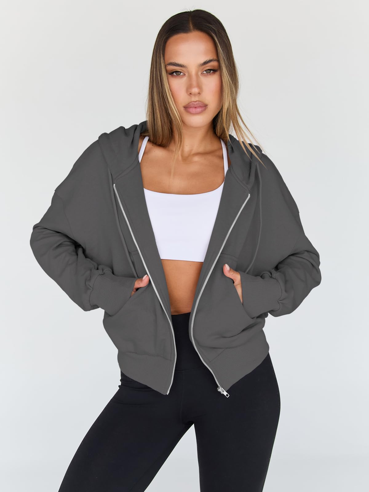 Trendy Queen Womens Zip Up Hoodie Lightweight Sweatshirt Drop Shoulder Casual Athletic Jacket