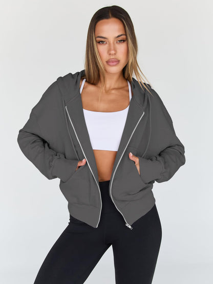Trendy Queen Womens Zip Up Hoodie Lightweight Sweatshirt Drop Shoulder Casual Athletic Jacket