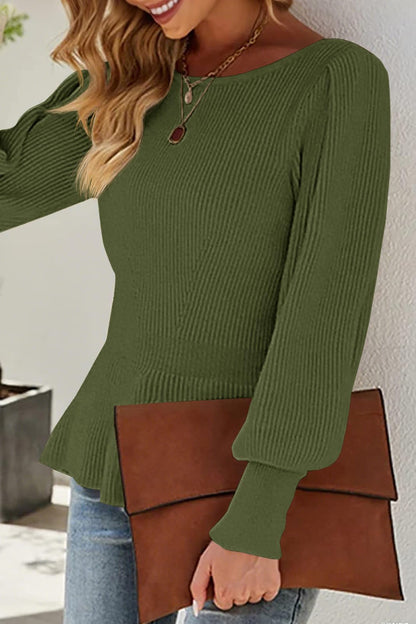 Womens Fall Puff Sleeve Peplum Casual Slim Fit Knit Pullover Sweater