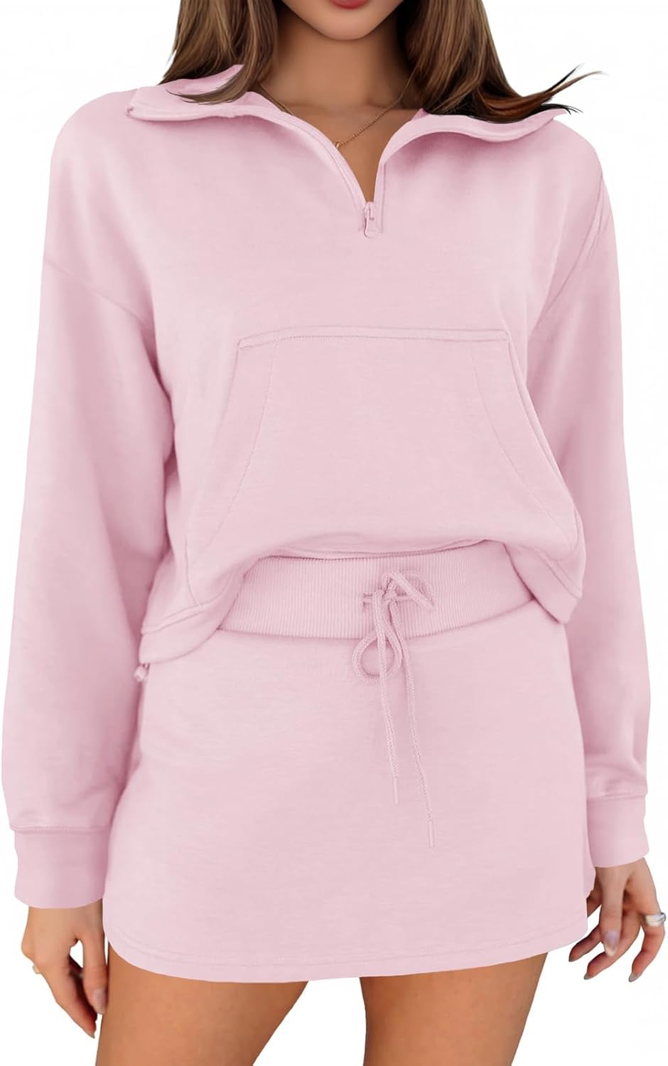 Fisoew Women’s 2 Piece Outfits Quarter Zip Cropped Sweatshirts Casual Mini Skorts Lounge Wear Skirts Sets