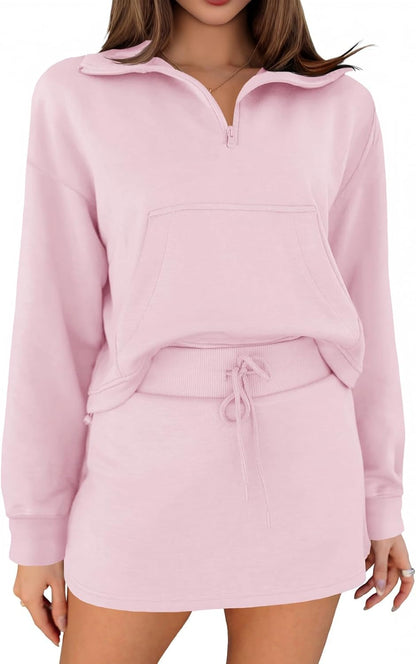 Fisoew Women’s 2 Piece Outfits Quarter Zip Cropped Sweatshirts Casual Mini Skorts Lounge Wear Skirts Sets
