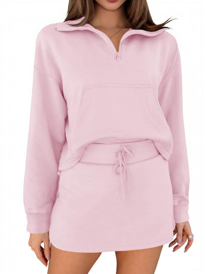 Fisoew Women’s 2 Piece Outfits Quarter Zip Cropped Sweatshirts Casual Mini Skorts Lounge Wear Skirts Sets