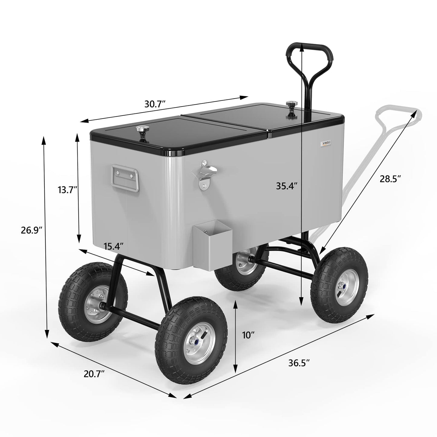 VINGLI 80 Quart Wagon Rolling Cooler Ice Chest, w/Long Handle and 10" Wheels, Portable Beach Patio Party Bar Cold Drink Beverage, Outdoor Park Cart on Wheels