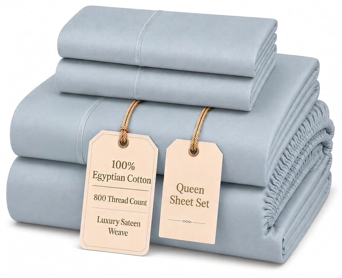 100% Egyptian Cotton Sheets King Size Sheets Set with Fully Elasticated 15" Deep Fitted Sheet & Pillowcase Sets, 800TC Sateen Weave Hotel Collection King Sheet Set, Soft Luxury White Bedding