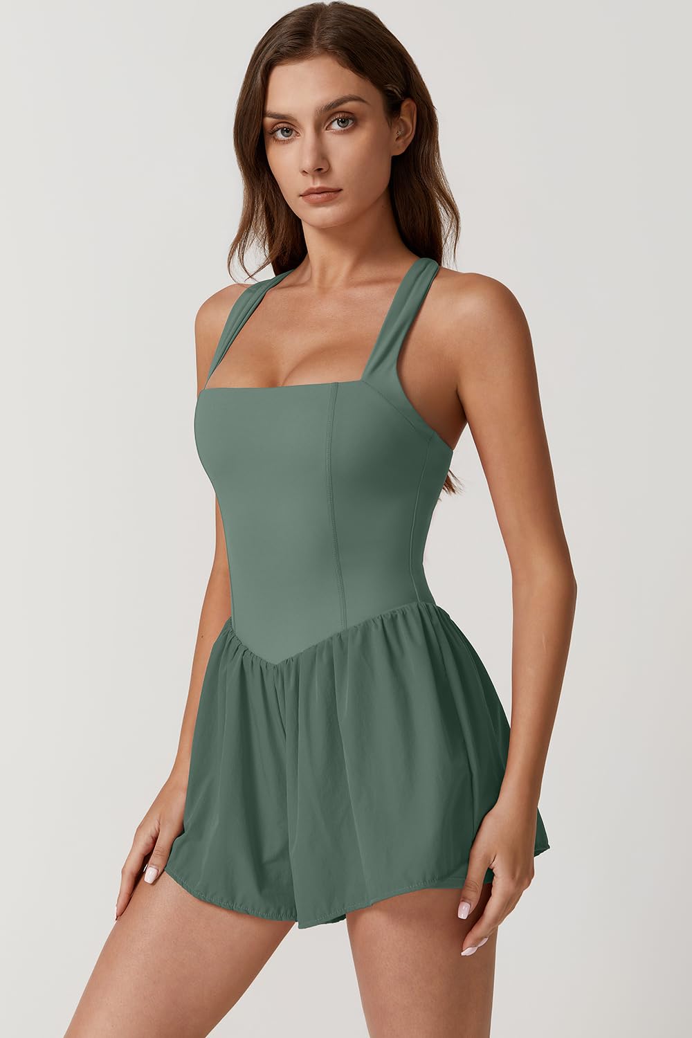 QINSEN Women's Square Neck Sleeveless Romper Jumpsuit