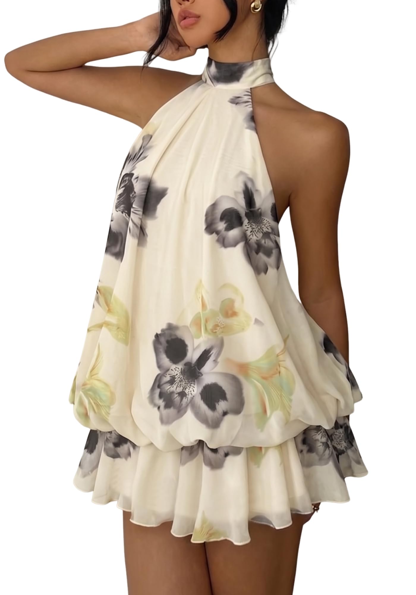 Women's Chiffon Halter Drop Waist Mini Dress Wedding Guest Dresses Ruffle Formal Club Holiday Brunch Outfits