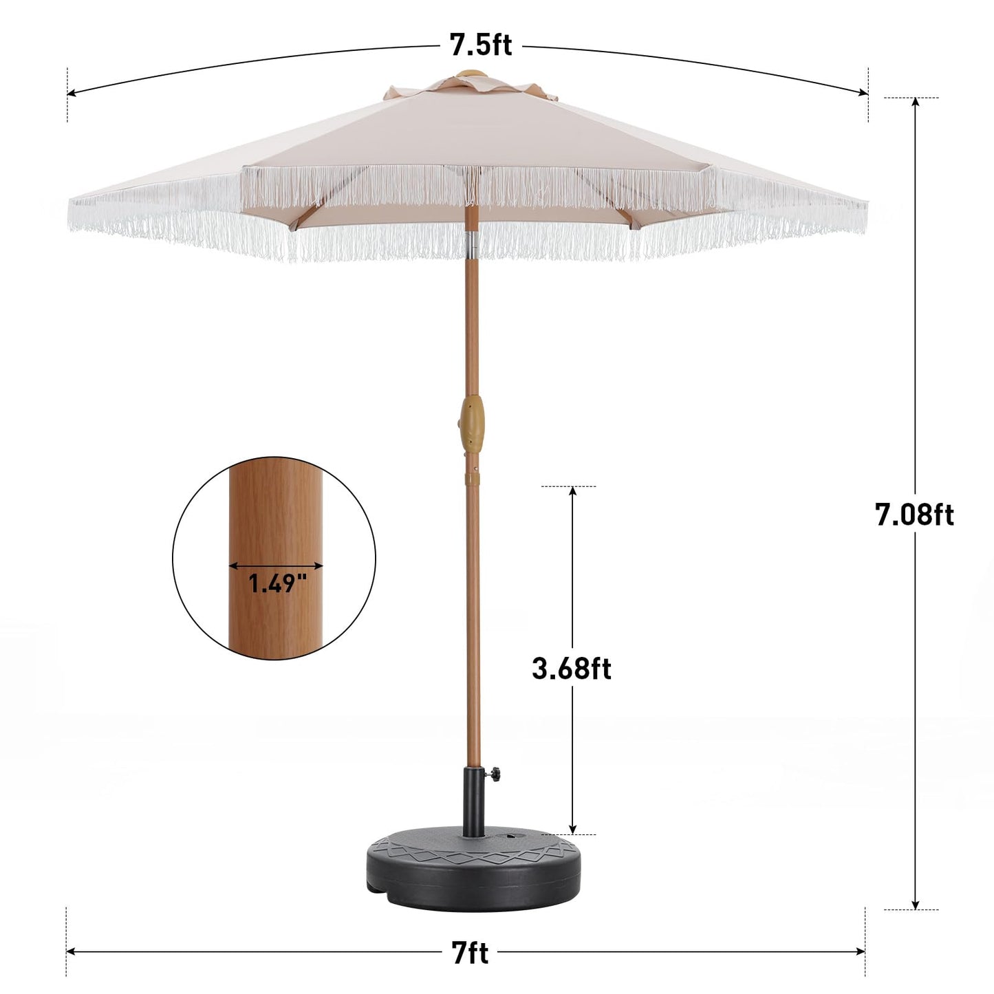 GDY 7.5ft Tassel Patio Umbrella and Matching Base, Outdoor Table Umbrella with 18 LED Lights,Market Umbrella with 6 Sturdy Ribs, with Push Button Tilt and Crank, Bright White